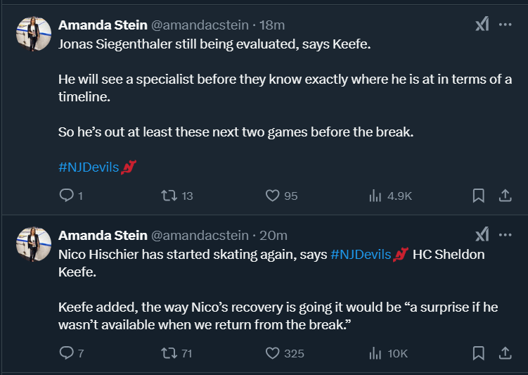 Injury Updates per Amanda Stein: Nico Hischier has started skating again. Jonas Siegenthlaer is still being evaluated and will be out for the next two games.