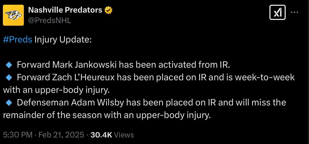 Injury updates: Jankowski off IR, Happy on IR and week to week, Wilsby done for the season.