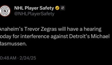 [NHL Player Safety] Anaheim’s Trevor Zegras will have a hearing today for interference against Detroit’s Michael Rasmussen