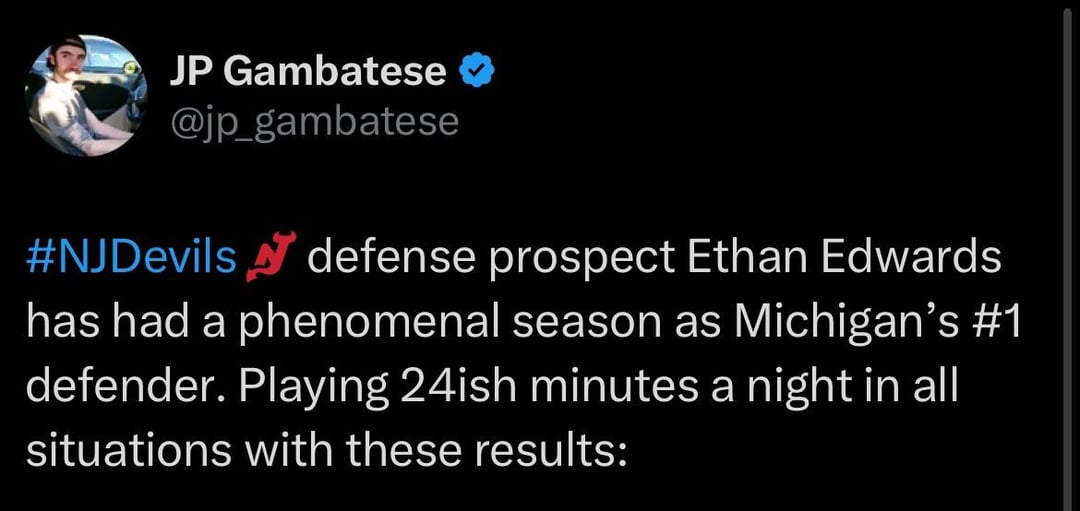 [Gambatese] #NJDevils  defense prospect Ethan Edwards has had a phenomenal season as Michigan’s #1 defender. Playing 24ish minutes a night in all situations with these results: (2 slides 👉🏻)