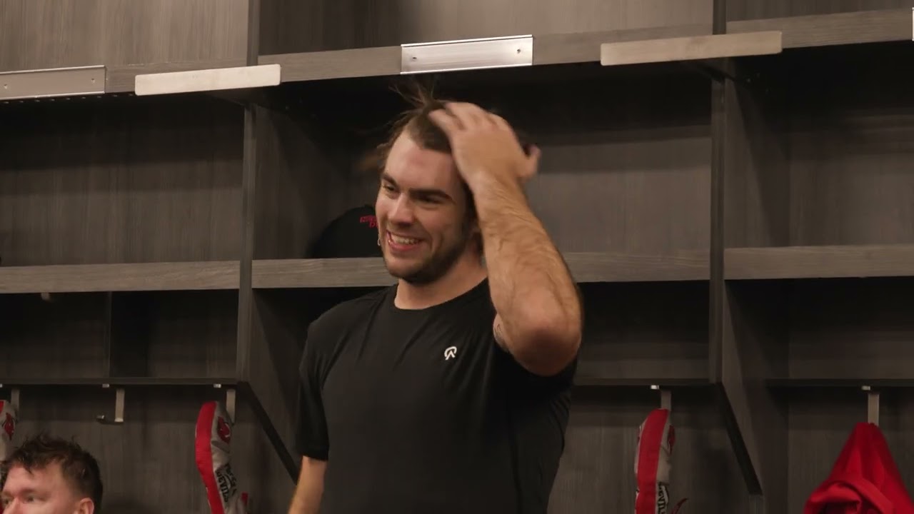 Devils coach Sheldon Keefe speaks to his team following a 3-1 win at Utah