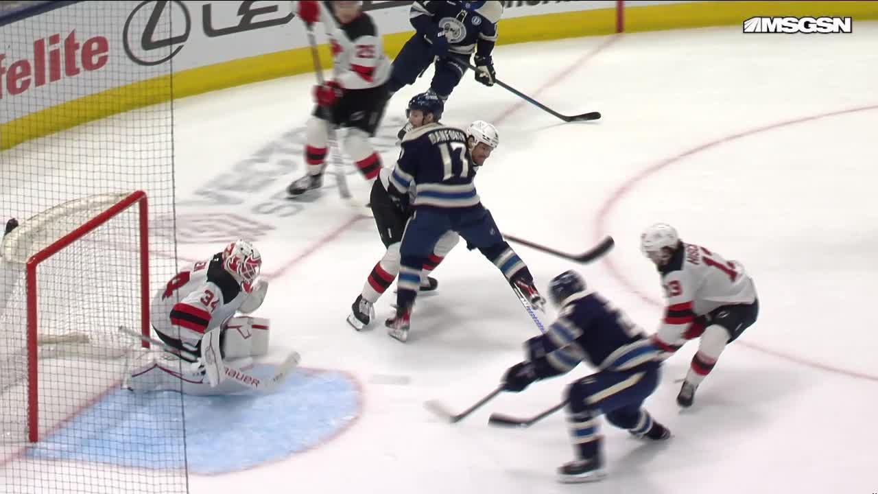 Mathieu Olivier scores a goal against the New Jersey Devils