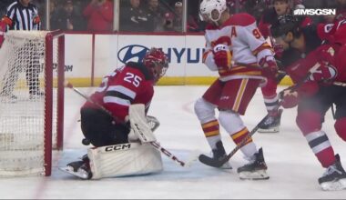 Connor Zary scores a goal against the New Jersey Devils