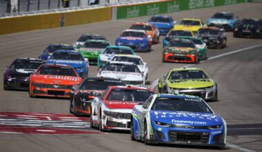 Daniel Suarez, driver of the #99 Freeway Insurance Chevrolet, leads Josh Berry, driver of the #21 Motorcraft/Quick Lane Ford, during the NASCAR Cup Series Pennzoil 400 at Las Vegas Motor Speedway on March 16, 2025 in Las Vegas, Nevada. (Photo by Chris Graythen/Getty Images)