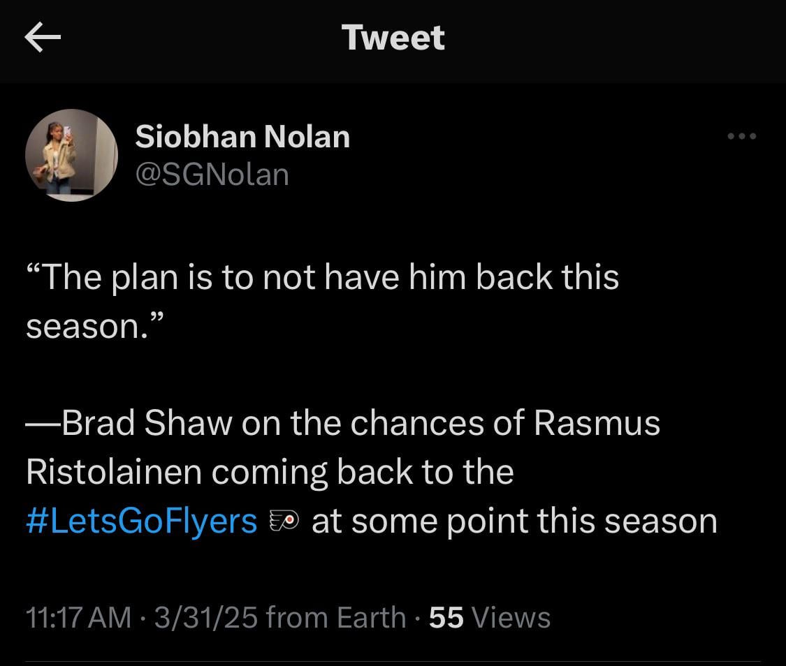 [Nolan] “The plan is to not have him back this season.”—Brad Shaw on the chances of Rasmus Ristolainen coming back to the Flyers  at some point this season