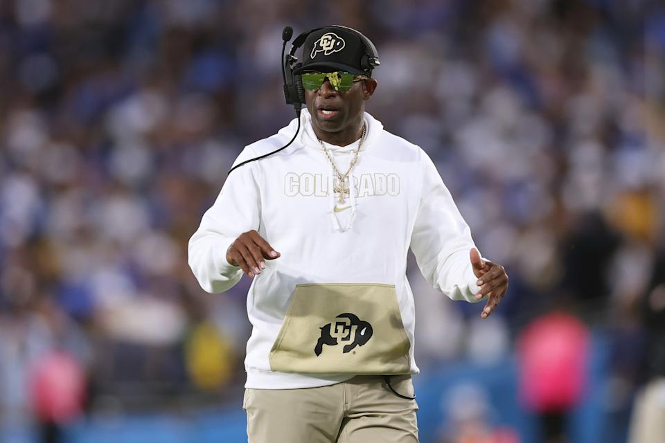 <em>Colorado Buffaloes head coach</em> Deion Sanders.<p><a href="https://www.gettyimages.com/detail/1763503129" rel="nofollow noopener" target="_blank" data-ylk="slk:Sean M&period; Haffey&sol;Getty Images;elm:context_link;itc:0;sec:content-canvas" class="link ">Sean M&period; Haffey&sol;Getty Images</a></p>