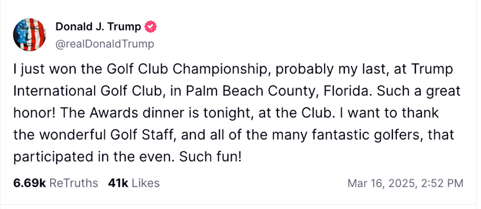 ‘I just won the Golf Club Championship, probably my last, at Trump International Golf Club, in Palm Beach County, Florida. Such a great honor!’ (@realDonaldTrump/ Truth Social)