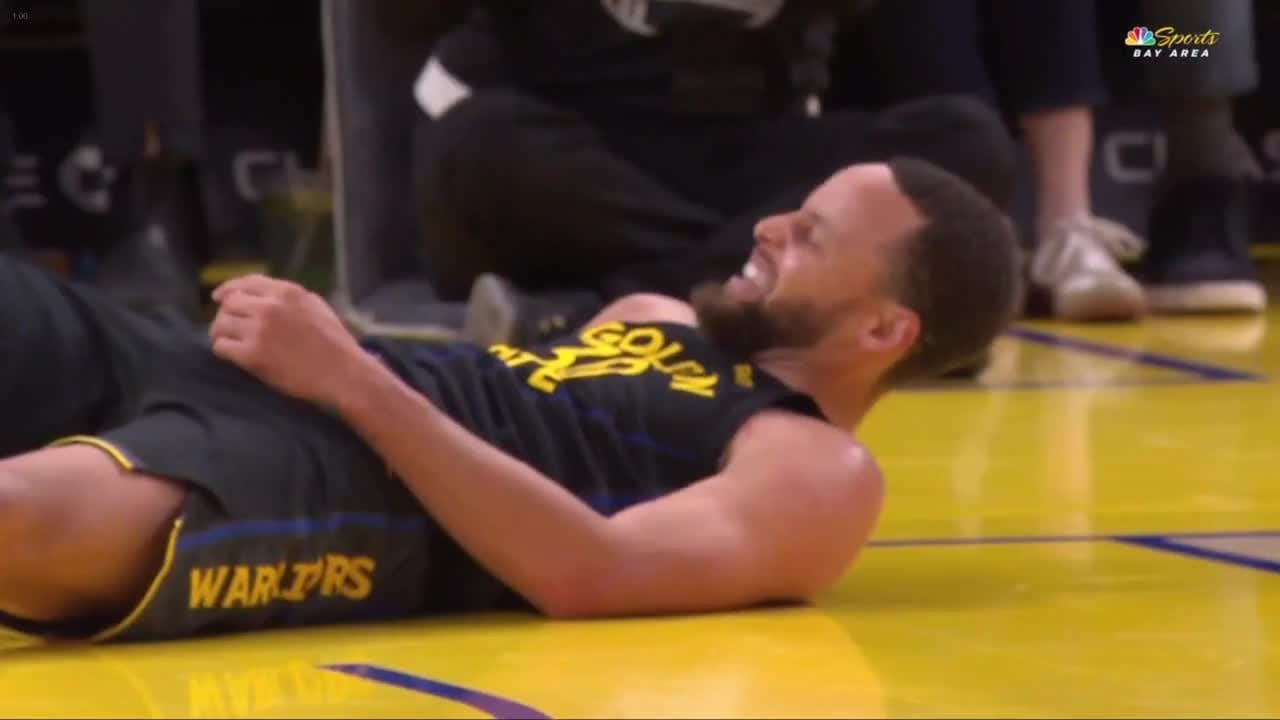 [Injury] Steph Curry takes a nasty fall — Warriors broadcast: "you can actually hear him hit the floor here"