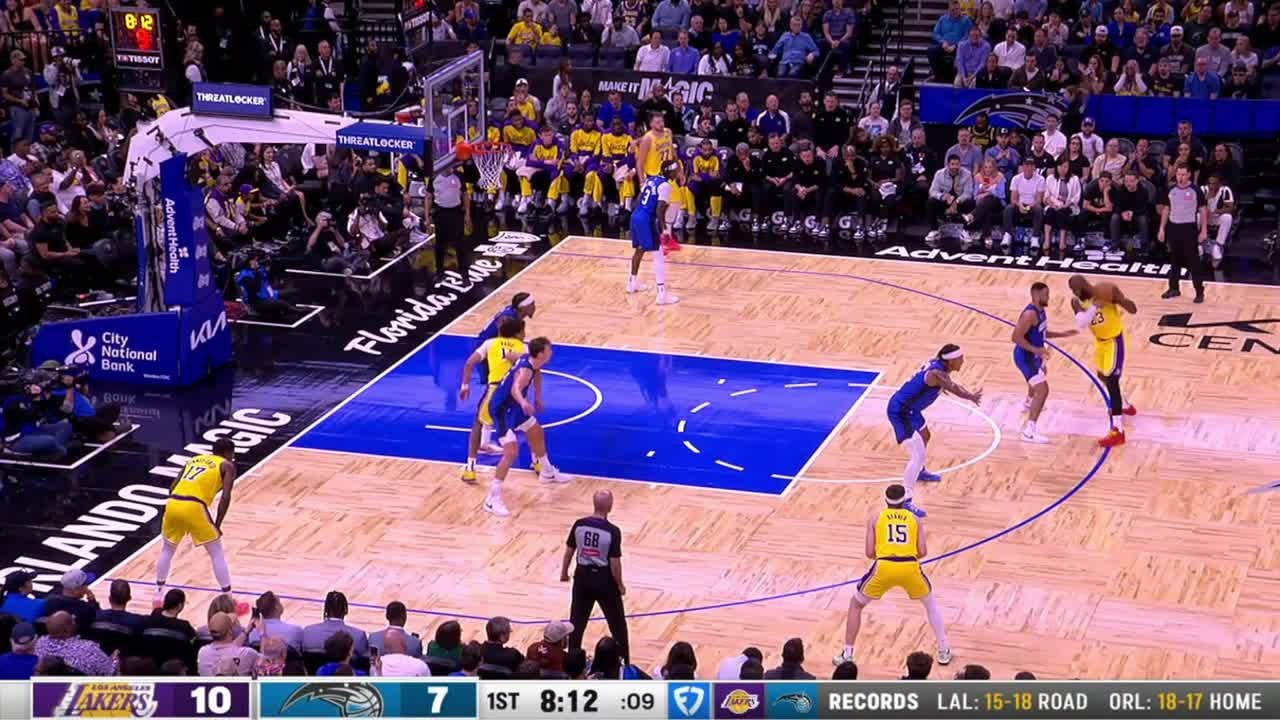 [Highlight] LeBron James blatantly changes his pivot foot and no one took notice, not even the referees. He also hits the side of the backboard with his driving hook shot attempt. Magic and Lakers commentaries.