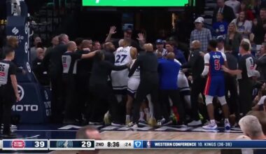 [Highlight] Detroit Pistons and Minnesota Timberwolves major brawl. Several players fight and coaches get involved.