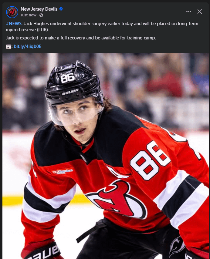 Jack Hughes Undergoes Shoulder Surgery, Placed on LTIR