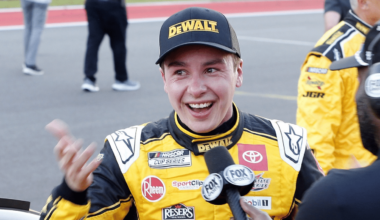 NASCAR Cup Series driver Denny Hamlin (11) and NASCAR Cup Series driver Ty Gibbs (45) talk Sunday, July 31, 2022, before the Verizon 200 at the Brickyard at Indianapolis Motor Speedway.