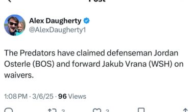 The Predators have claimed defenseman Jordan Osterle (BOS) and forward Jakub Vrana (WSH) on waivers.