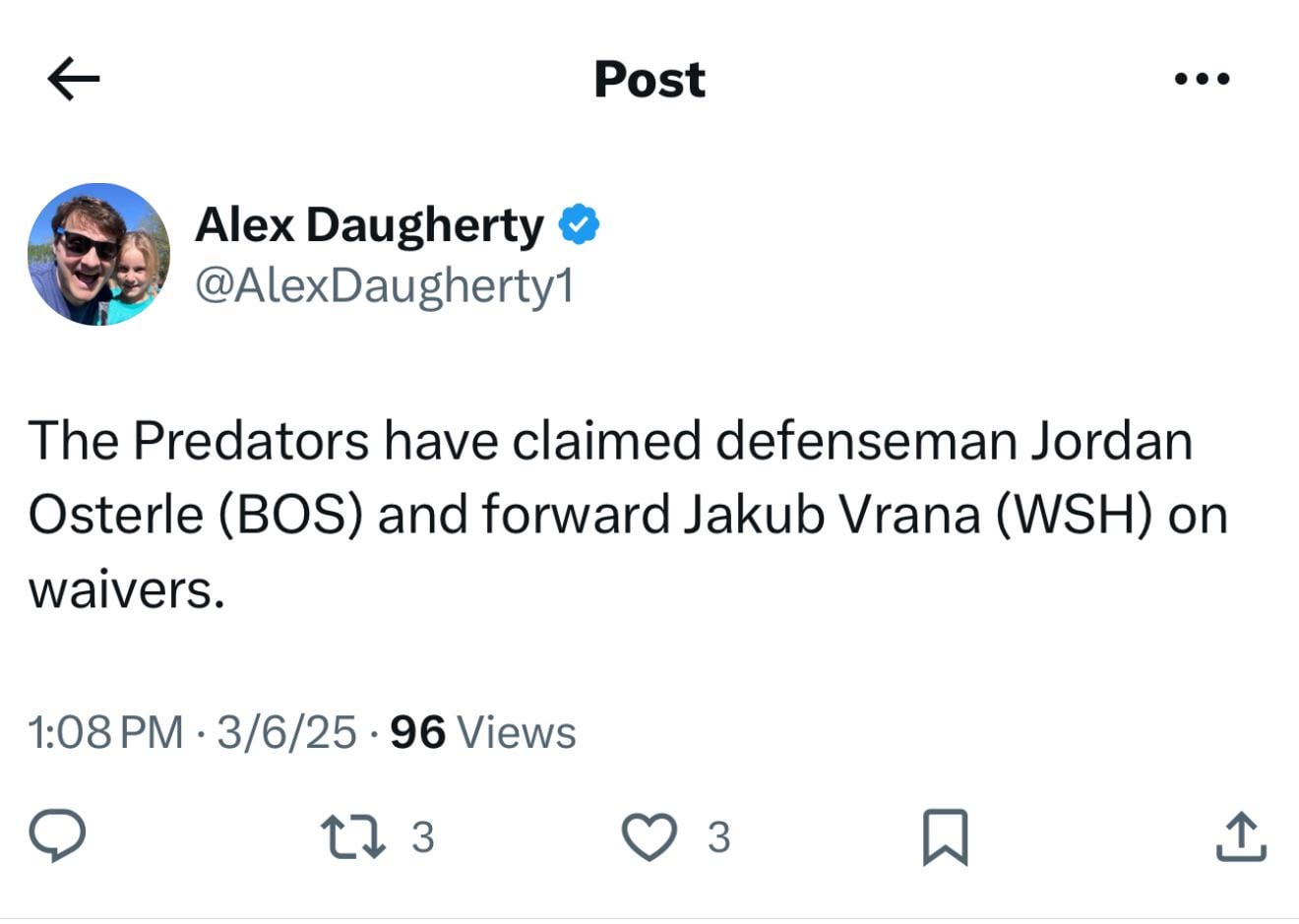 The Predators have claimed defenseman Jordan Osterle (BOS) and forward Jakub Vrana (WSH) on waivers.