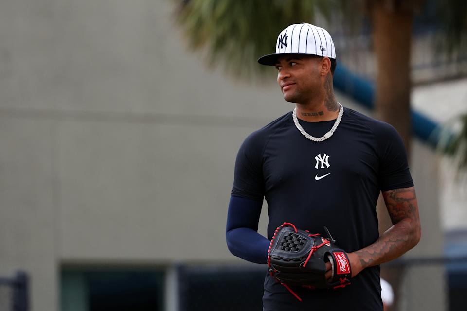 TAMPA, FL - FEBRUARY 20: Luis Gil #81 of the New York Yankees during spring training at George M. Steinbrenner Field on February 20, 2025 in Tampa, Florida. (Photo by New York Yankees/Getty Images)