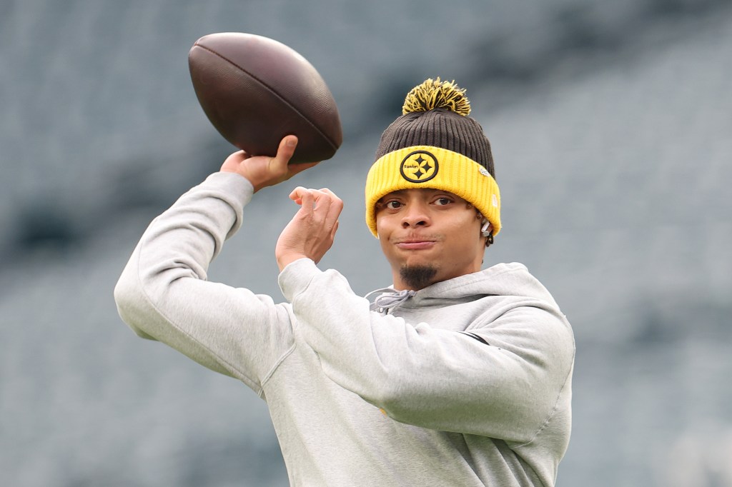 Justin Fields, quarterback for the Pittsburgh Steelers, warming up prior to a game against the Philadelphia Eagles at Lincoln Financial Field.