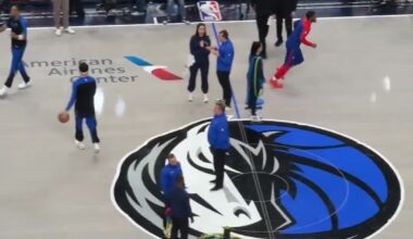 A historic 20 players combined are listed OUT between the Mavs vs 76ers today. A camera pans around, but only 6 and 7 players from each team are seen warming up.