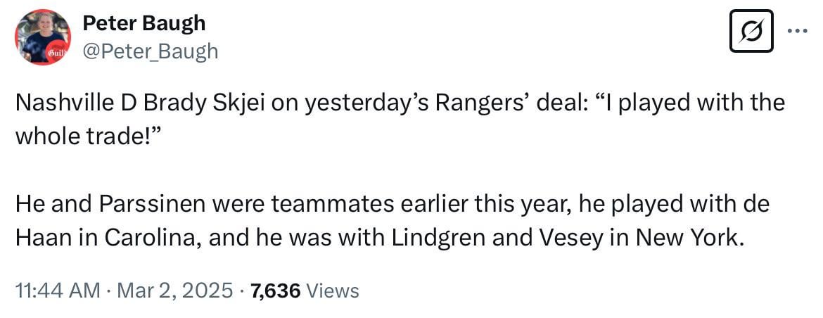 [Baugh] Brady Skjei on yesterday’s Rangers’ deal: “I played with the whole trade!”