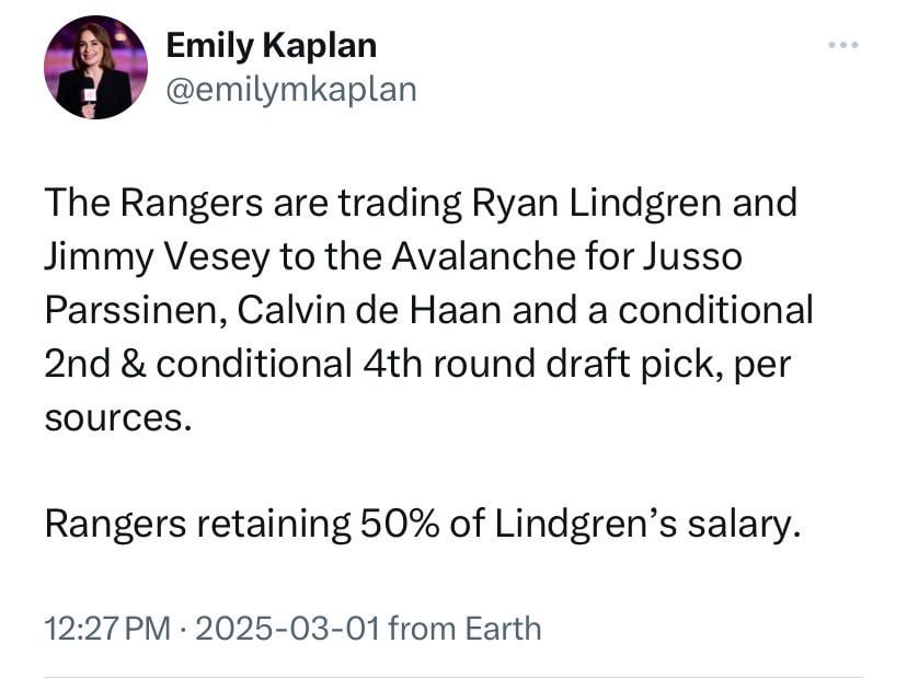 [Kaplan] The Rangers are trading Ryan Lindgren and Jimmy Vesey to the Avalanche for Jusso Parssinen, Calvin de Haan and a conditional 2nd & conditional 4th round draft pick, per sources. Rangers retaining 50% of Lindgren’s salary.