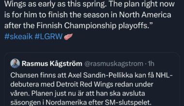 [LGRW Prospects] There is a chance that Axel Sandin-Pellikka could make his NHL debut with the Detroit Red Wings as early as this spring. The plan right now is for him to finish the season in North America after the Finnish Championship playoffs. #skeaik #LGRW