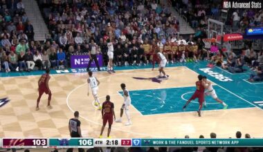 [Highlight] Evan Mobley with the clutch 3 tying the game as the shot clock expires to the absolute dismay of the Hornets commentator