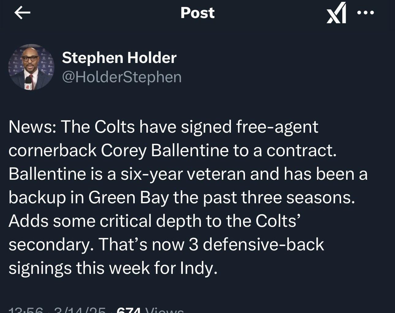 [Holder] Colts sign CB Corey Ballentine