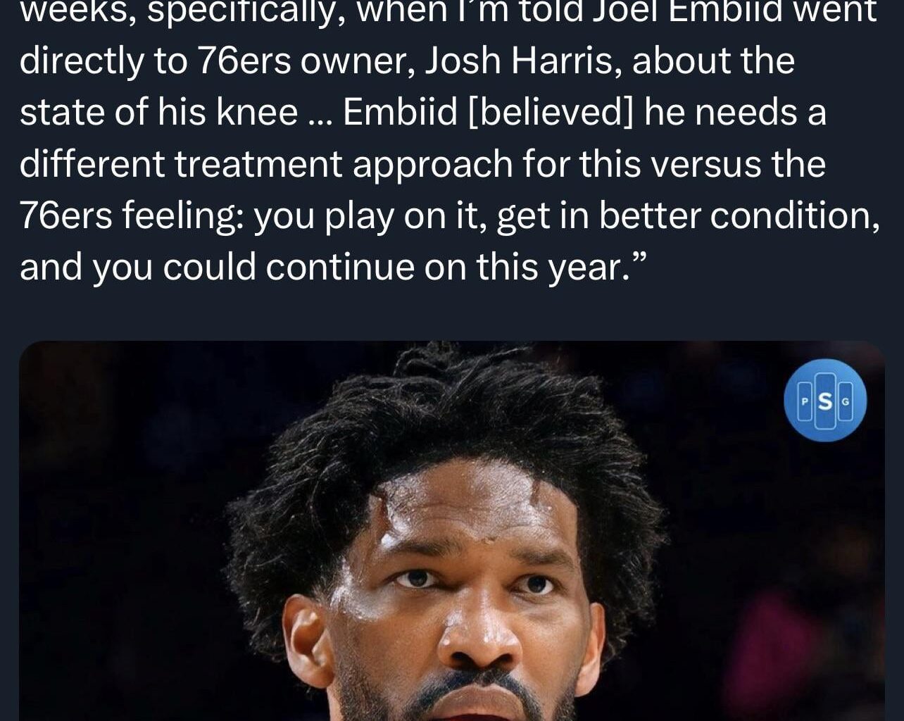 Joel Embiid and the #Sixers experienced “fundamental differences” over the past month about how to treat Embiid’s swelling left knee, @ShamsCharania said on NBA Countdown.
