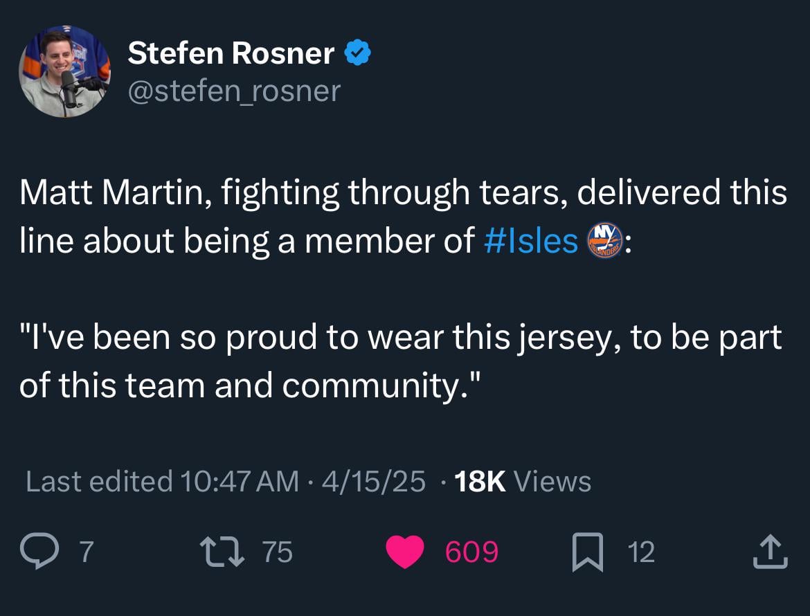 [Rosner] Matt Martin, fighting through tears, delivered this line about being a member of the Isles: “I’ve been so proud to wear this jersey, to be part of this team and community”