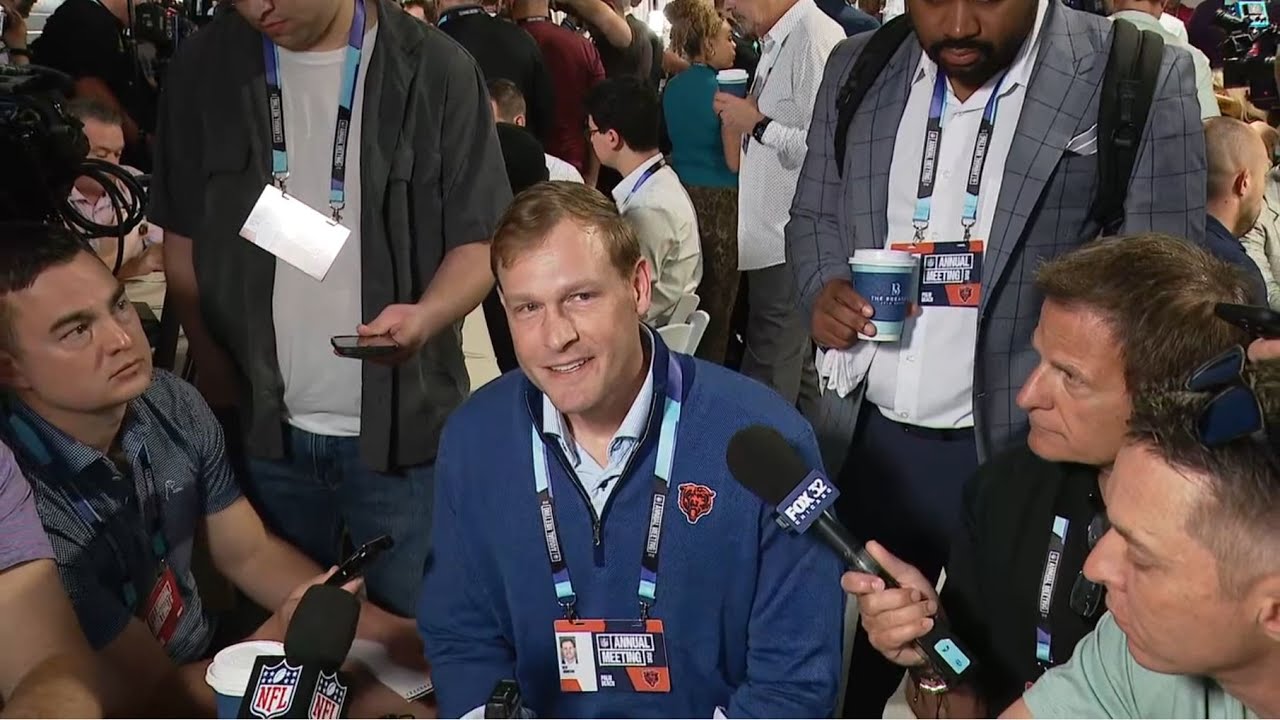 Chicago Bears head coach Ben Johnson speaks with reporters at the NFL Owner's Meetings