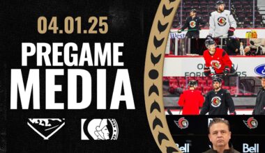 David Perron, Michael Amadio, Thomas Chabot, and Travis Green Pregame Media vs BUF