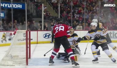 Timo Meier scores a goal against the Boston Bruins