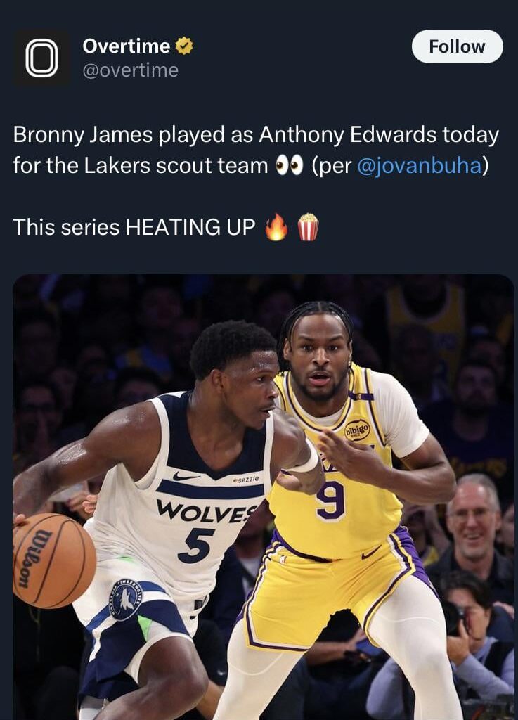 Lakers are using Bronny James to prepare for Anthony Edwards for the Upcoming playoff Series.
