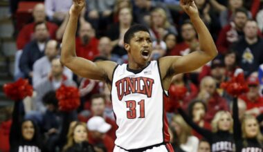UNLV's Justin Hawkins celebrates a score during the second half of an NCAA college basketball g ...