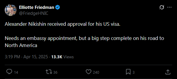 [Friedman] Nikishin received approval for his US visa. Needs an embassy appointment, but a big step complete on his road to North America
