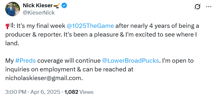 [Kieser] It's my final week 102.5 The Game after nearly 4 years of being a producer & reporter. It's been a pleasure & I'm excited to see where I land.