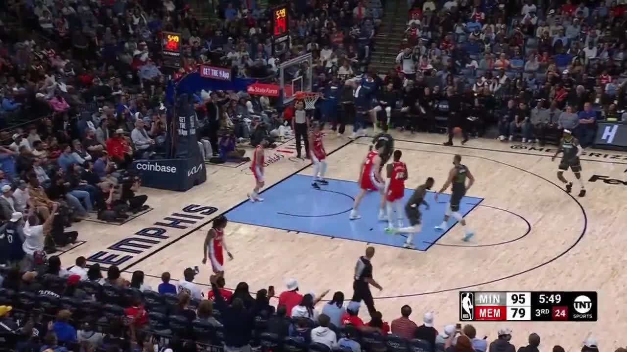 [Highlight] Anthony Edwards with a massive put back dunk on a Randle miss. Garza has to hold the entire bench back.