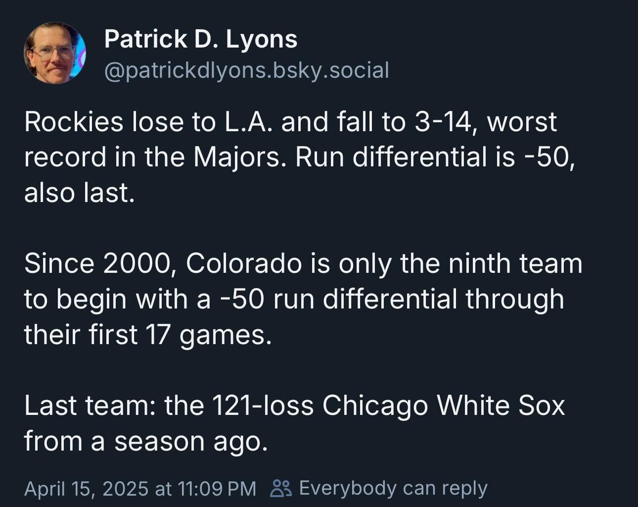 Since 2000, Colorado is only the ninth team to begin with a -50 run differential through their first 17 games.