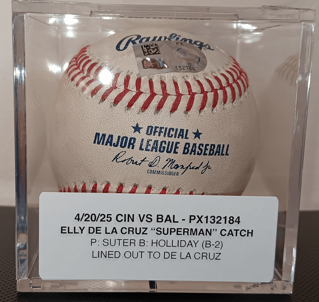 Pumped to land this! Elly De La Cruz "Superman" diving catch game used baseball. This is the actual baseball in that play, Jackson Holliday rocketed the ball straight to the gap where Elly made this incredible play.
