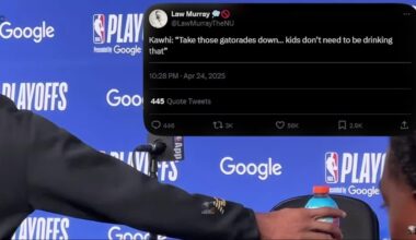 Kawhi Leonard took down the Gatorade from his postgame press conference podium yesterday, saying: "Kids don't need to be drinking that." Then declined when asked if he wanted his alkaline water on the table instead (media sources: @HoopsChef
, @LawMurrayTheNU, @joeylinn_, @laclippers)