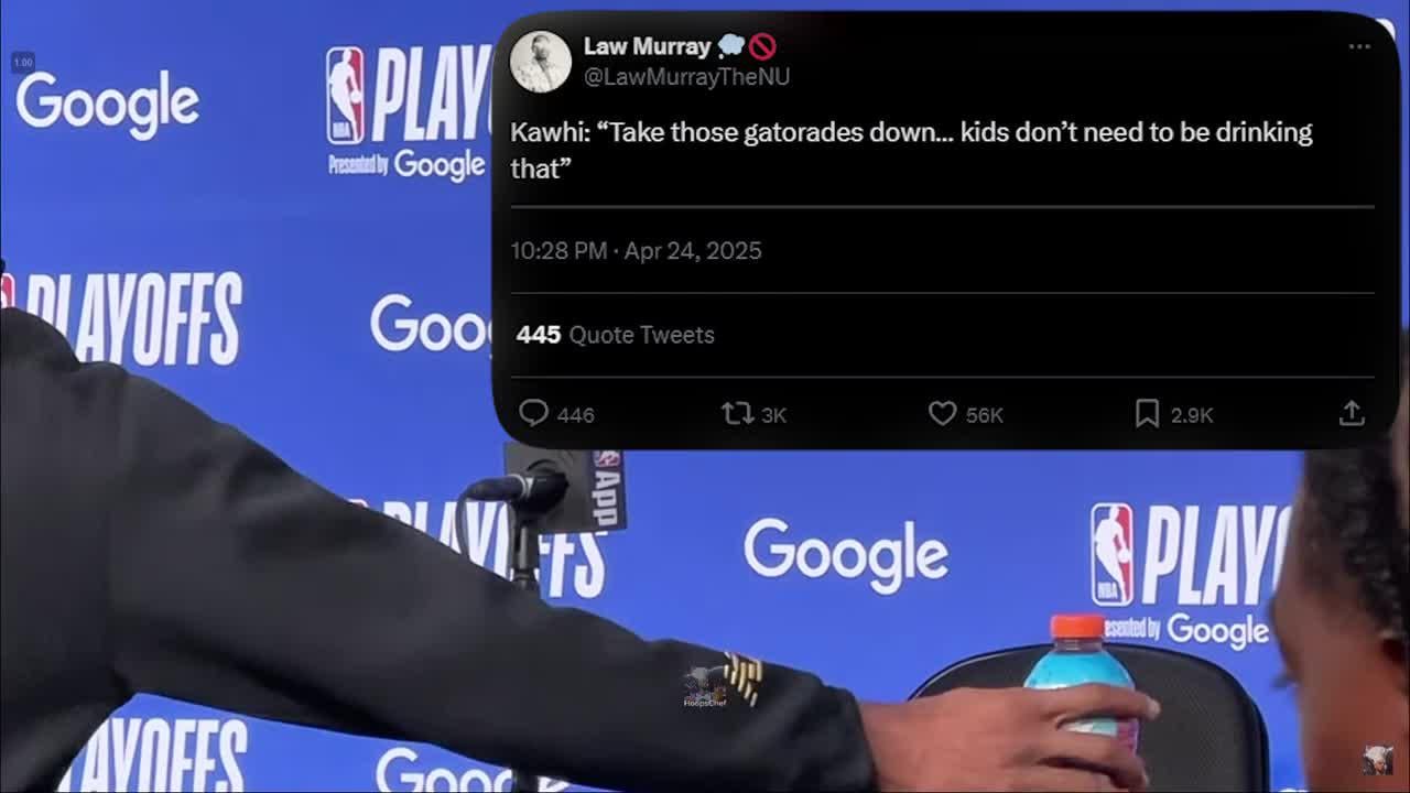 Kawhi Leonard took down the Gatorade from his postgame press conference podium yesterday, saying: "Kids don't need to be drinking that." Then declined when asked if he wanted his alkaline water on the table instead (media sources: @HoopsChef
, @LawMurrayTheNU, @joeylinn_, @laclippers)
