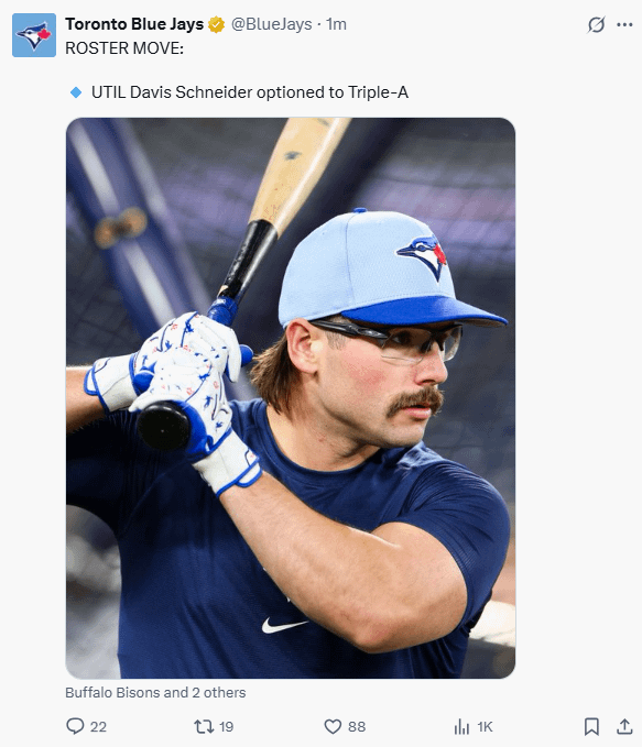[Blue Jays] ROSTER MOVE: 🔹 UTIL Davis Schneider optioned to Triple-A