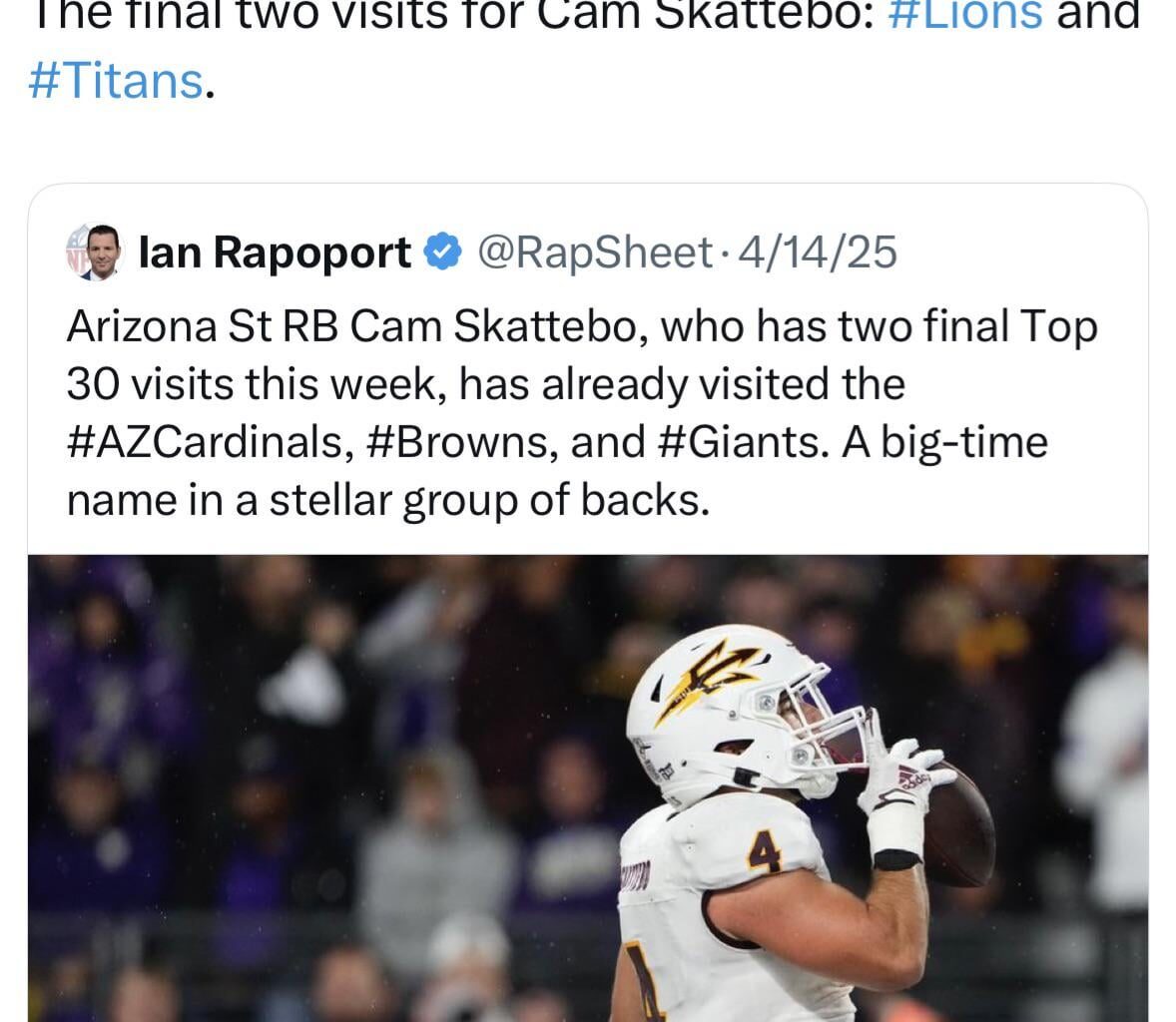 One of Arizona St RB Cam Skattebo last 2 visits is with the Lions