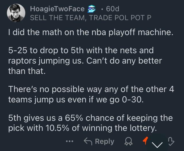Since this comment on February 10th, the sixers have gone 4-25 and clinched the 5 spot in the draft.