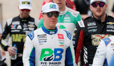 Mar 2, 2025; Austin, Texas, USA; NASCAR Cup Series driver John Hunter Nemechek (42) walks out onto the stage for driver introductions before the EchoPark Automotive Grand Prix at Circuit of the Americas. Mandatory Credit: Jamie Harms-Imagn Images