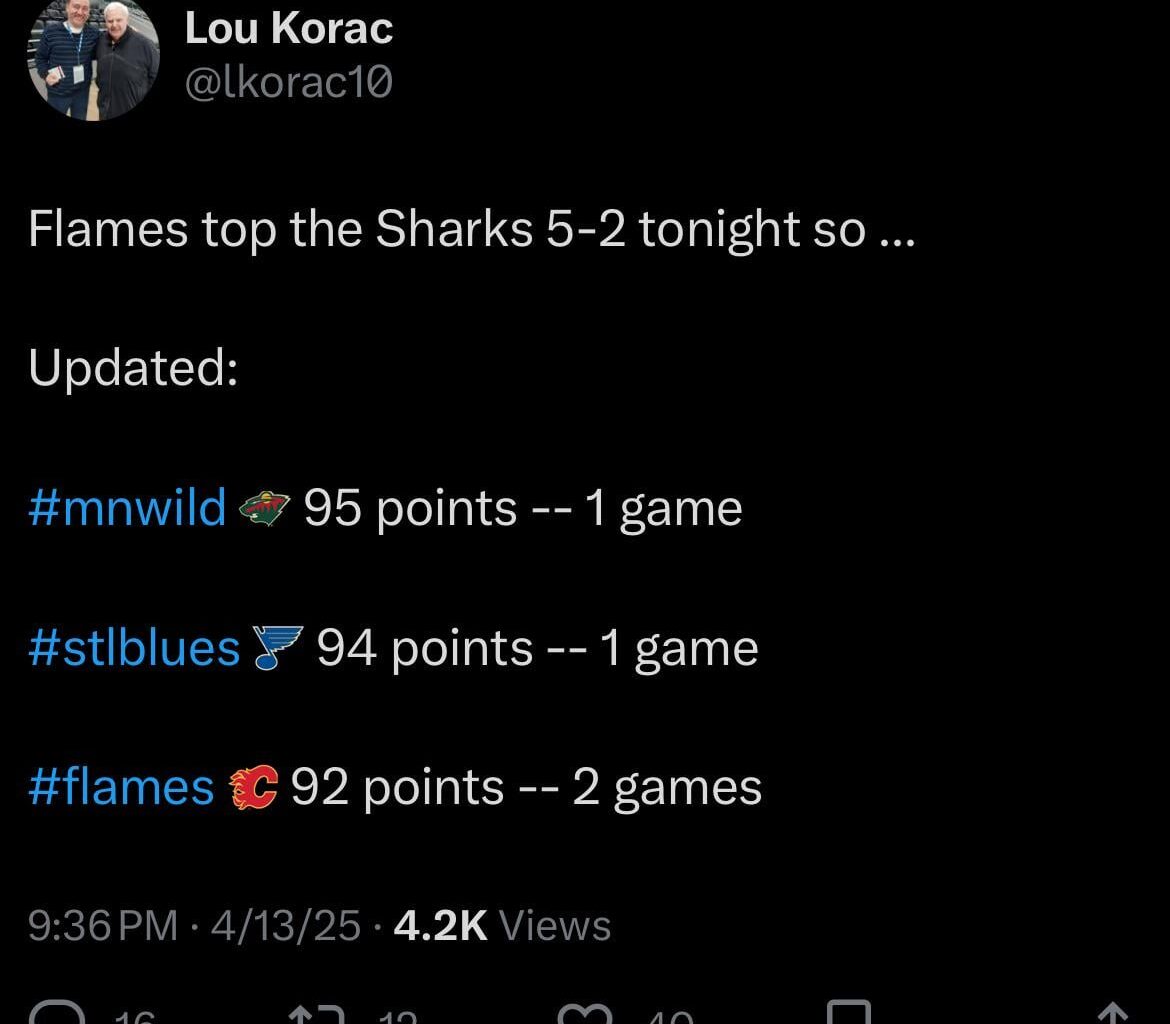 Flames beat the Sharks 5-2. The only way the Blues can clinch their playoff spot themselves is with a regulation win Tuesday vs. Utah. Any other outcome leaves their fate in the hands of others.