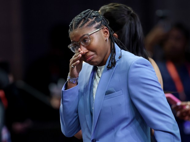 Shyanne Sellers reacts after being picked with the 17th pick in the second round by the Golden State Valkyries during the 2025 WNBA Draft at The Shed on April 14, 2025 in New York City. NOTE TO USER: User expressly acknowledges and agrees that, by downloading and or using this photograph, User is consenting to the terms and conditions of the Getty Images License Agreement. (Photo by Elsa/Getty Images)