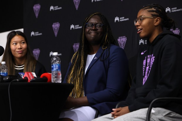 Golden State Valkyries draft pick Kaitlyn Chen, left, General Manager Ohemaa Nyanin, center, and draft pick Shyanne Sellers, right, take part in a press conference on Wednesday, April 16, 2025, in Oakland, Calif. Sellers was the 17th selection and Chen the 30th selection for the Golden State Valkyries in the 2025 WNBA draft. (Aric Crabb/Bay Area News Group)