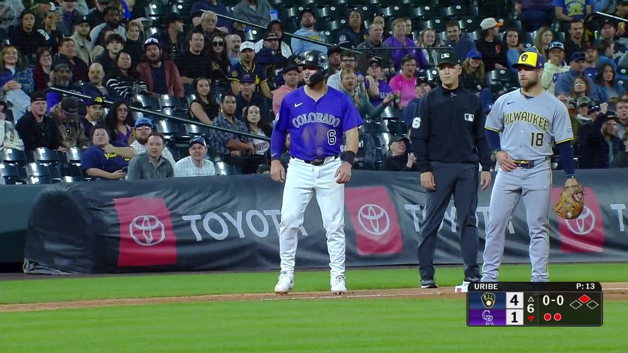 [Highlight] Zac Veen gets down a 2-out bunt for his first major league hit. He ends up on 2nd after a throwing error by Uribe