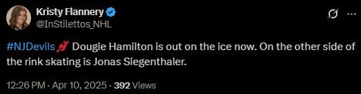 Flannery - #NJDevils Dougie Hamilton is out on the ice now. On the other side of the rink skating is Jonas Siegenthaler.