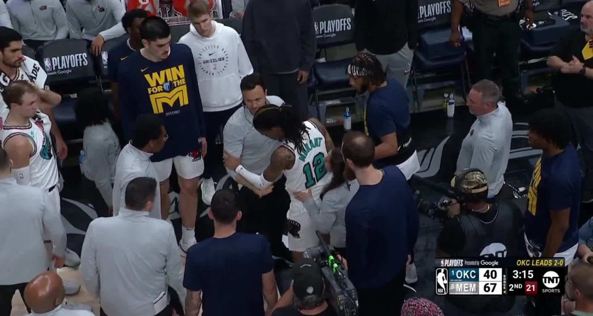 [Highlight] Ja Morant lands hard on his left gip, after Lu Dort attempts to contest him and cuts him in mid-air. Ja remains on the floor for the free throws, misses both, and takes off his jersey in frustration as he heads to the locker room. Full incident and aftermath, with replays.